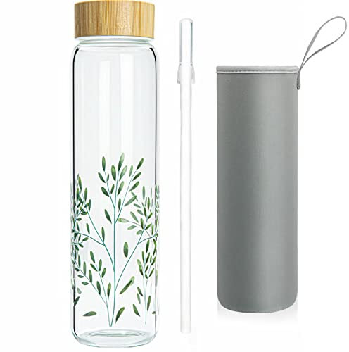 Ferexer Borosilicate Glass Water Bottle with Bamboo Lid and Neoprene Sleeve,Reusable Glass Dirinking Bottle Wide Mouth BPA Free 600 ml / 1 Litre / 1l (1000ml, Green Leaf 1l)