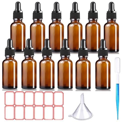 12 Stück Pipettenflasche, 30ml Braunglasflasche Flasche Pipette Bottles mit Glaspipette Apothekerflasche Tropfflasche mit Trichter Aufkleber Etikett Dropping Bottles