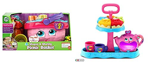LeapFrog 603603 Shapes & Sharing Picnic Basket Baby Toy Educational and Interactive 16 Pieces, Pink, One Size & 603203 Musical Rainbow Party Learning Toy and Pretend Play Educational Tea Set