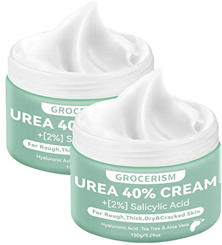 2 Packungen Urea Creme 40% 150 Gramm || Hornhautentferner Fußcreme, Handcreme, Bodylotion mit Hyaluronsäure, Teebaum und Aloe Vera für tiefe Feuchtigkeit, Kallusentferner und Erweichung