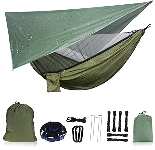 NewDoar Camping Hammock with Mosquito Net and Rain Fly Tarp,Portable Single Nylon Parachute Hammock Rainfly Set,Tree Straps Swing Hammock Bed for Outdoor Backpacking Backyard Hiking(ArmyGreen)
