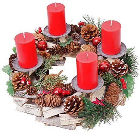 Mendler Adventskranz HWC-H49AM Holz rund Ø 33cm - inkl. 4X Kerzen rot