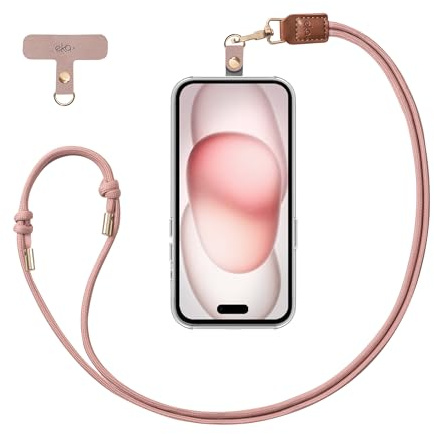 EKAX Phone Lanyard, 1x Customizable Crossbody Neck Phone Strap, 1x Removable PU Leather Tab, Hands-Free Holder for Cell Phones, Earphones, Badges & Keys, Travel Essentials Accessories (Rose Pink)