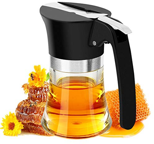 DODAMOUR Bec verseur de sirop d'érable de 95,8 g avec valve de pression en acier inoxydable, distributeur anti-goutte pour miel, huile et sauces de petit-déjeuner, récipient en verre transparent avec