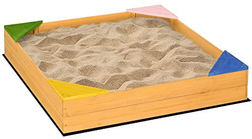 Outsunny Sabbiera per Bambini da 4 Posti in Legno di Abete con Design senza Fondo e Fodera Rimovibile, 109x109x19.8 cm, color Legno