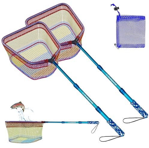 DaddyGoFish Kids Fishing Net - Landing Net Bait Pouch for Catching Fish Frog Minnow Cricket Butterfly Water Beach Lake Pond Gift for Boys and Girls (Style2 2 Pack (Blue+Blue))