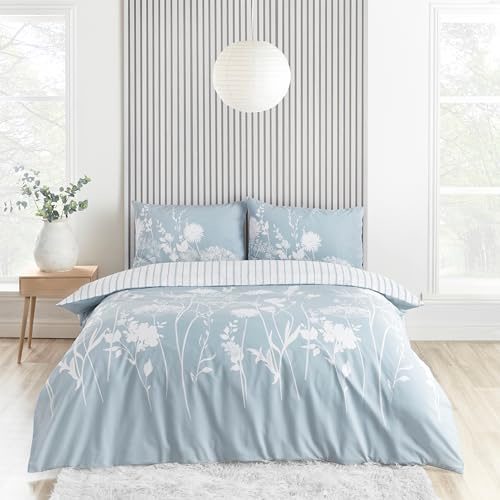 Catherine Lansfield Meadowsweet Reversible Floral Single Duvet Cover Set with Pillowcase Sea spray Blue