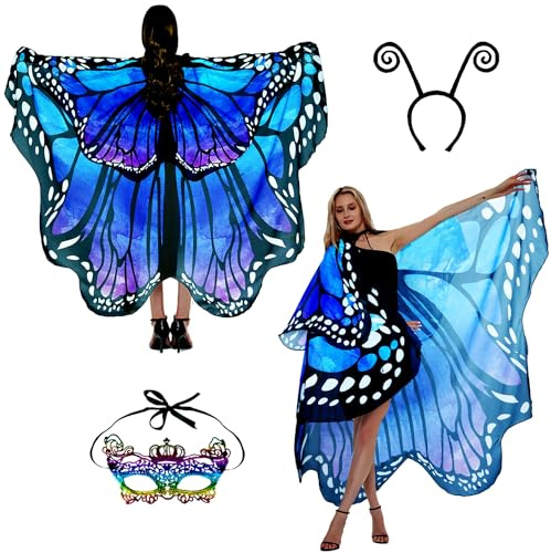 Schmetterling Kostüm Damen Flügel Schmetterlingsflügel Erwachsene Zweistufiges Faschingskostüme Damen Umhang Verkleidung Schmetterlings Kostüm Zubehör 3Set Gesichtsmaske Fühler Schmetterling Haarreif