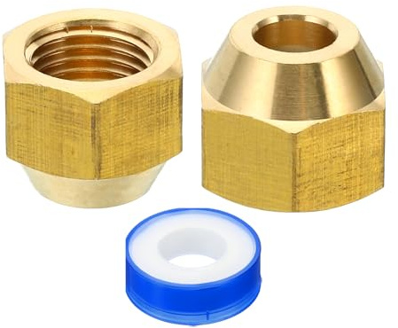 PATIKIL 5/16 SAE Dado a Compressione in Ottone, 2pz 45 Gradi Raccordo Tubo Svasato in Rame Tappo per Raccordo Tubo Ottone con Nastro Adesivo per Linea Gas Acqua Condizionatore Aria, Lucido