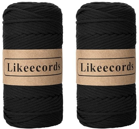 Likeecords 2 Rollen Makramee Garn 4mm x 130m Premium Polyester Kordelband Polypropylene Yarn Nylonschnur für Handwerk Häkelgarn für Taschen Wohndekorationen Umhängetasche Handtasche （Nero）
