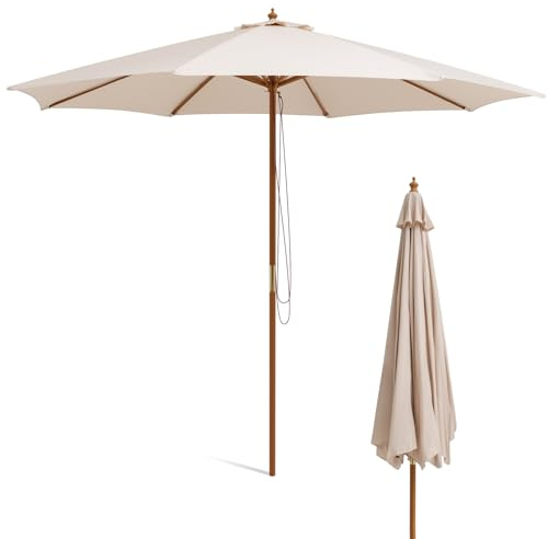 COSTWAY 3M Garden Parasol, Pulley Operated Wood Patio Umbrella with 3-Gear Position & 8 Ribs, Outdoor Canopy Sun Shade for Market Yard Deck Pool Beach(295 x 295 x 264cm, Beige)
