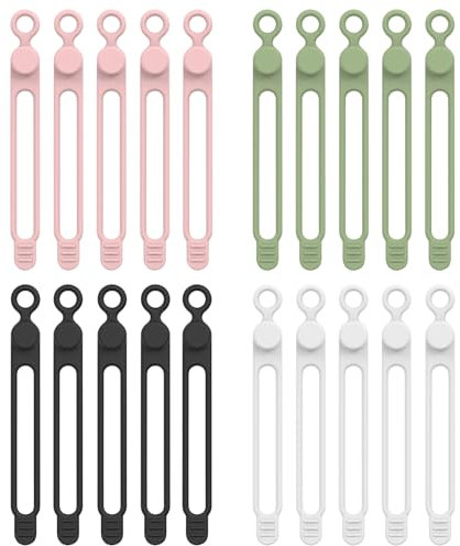 Selutiya Cable Ties Reusable 20Pcs Silicone Cable Ties Easy to use Cord Organizer Elastic Silicone Wires Ties Cable Clips for Office,Home,Car etc (Black, White, Pink,Green)