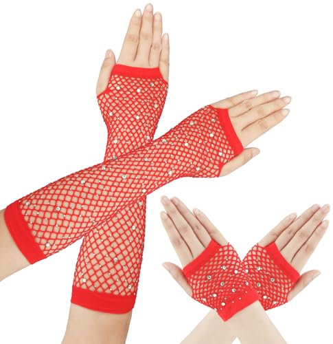 ysuwekslu Fischnetz-Handschuhe, fingerlos, Fischnetz, Armstulpen, Kostüm-Zubehör, Damen, Mädchen, fingerlose Netzhandschuhe für Party, Rot glitzernd, Einheitsgröße