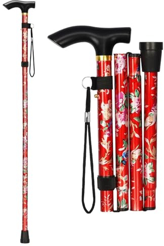 Vikbar promenadkäpp med T-handtag – höjdjusterbar promenadhjälp för seniorer, funktionshindrade, män och kvinnor – promenadkäpp i svart (röd blomma)