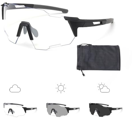 SSKHE Fahrradbrille, Selbsttönende Sonnenbrille mit Brillentasche, UV abhängige Farbwechsel, Ideal für Outdoor Sportarten wie Radfahren, Wandern und Klettern(Schwarz/Grau)