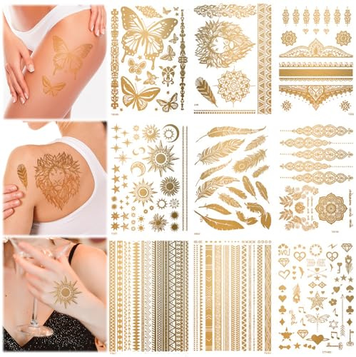 9 Sheets Gold Temporary Tattoos 110+ Designs Flash Metallic Golden | Butterfly Glitter Fake Tattoos Sticker Look Real Last Long Unique Beach Body Party Decoration for Festival Women Adult Girl
