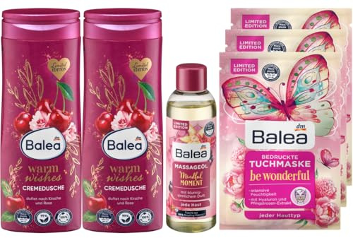 Balea 6er-Set Hautpflege: Cremedusche Warm Wishes Duschgel mit Duft nach Kirsche & Rose, 2 x 300 ml + Massageöl Mindful Moment sinnliches Pflegeöl, 100 ml + Tuchmaske Be Wonderful, 3 Stück, 700 ml