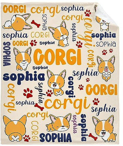 IQOPPEDR Corgi Hundedecke mit individuellem Namen, personalisierter Text, Geschenke, Überwurf, individuell, weich, gemütlich, Flanelldecken für Geburtstag, Bettwäsche, Couch, Bett, 127 x 152,4 cm, für