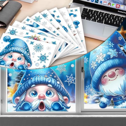 Fönsterbilder, jul, 9 blad, blå, tomte, dubbelsidigt tryckt jul, självhäftande fönsterklistermärken, snöflingor, PVC, fönsterklistermärken