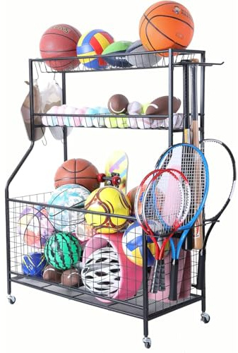 Lhysn Sports Equipment Organizer with Baskets and Hooks - Garage Ball Storage and Toy Rack