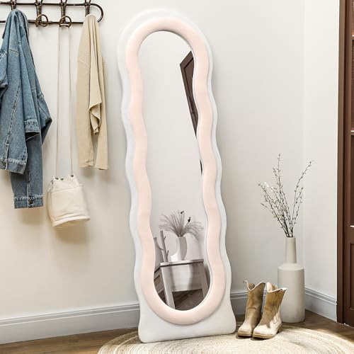 HOMCOM Miroir ondulé Pleine Longueur, 160 x 50 cm, sur Pied, avec Cadre et Dessus arqué, pour Salon, Chambre à Coucher, Blanc et Rose