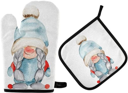 Ofenhandschuhe Aquarell Skandinavischer Gnom Topfhandschuhe Premium Qualität Topflappen Set Waschbare Grillhandschuhe Für Grillen Mikrowelle Kochen