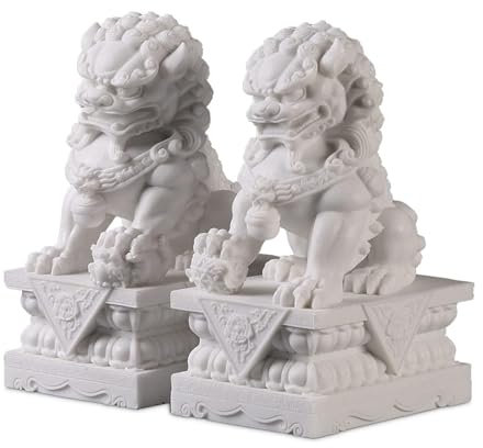 Siunwdiy Chinesische Stein Löwen FOO Dogs – Feng Shui Deko Figuren für Glück & Schutz, Asiatische Skulpturen für Zuhause und Garten, Hochwertige Deko für Feng Shui Liebhaber,Weiß,15cm