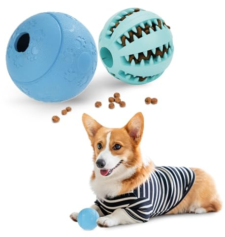 DEWEL Juego de 2 Pelota Perro, Juguetes Interactivos para Perros, Juguete Dispensador de Golosinas para Mascotas, Pelota Dental Perro Indestructible, Color Azul y Verde, 8 cm y 7 cm