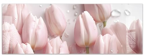 timalo Küchenbild aus Acrylglas modernes Wandbild Glasbild Deko Küche XXL Acryl-Bild wie Glas | 140x50cm Rosa Tulpen, Blumen