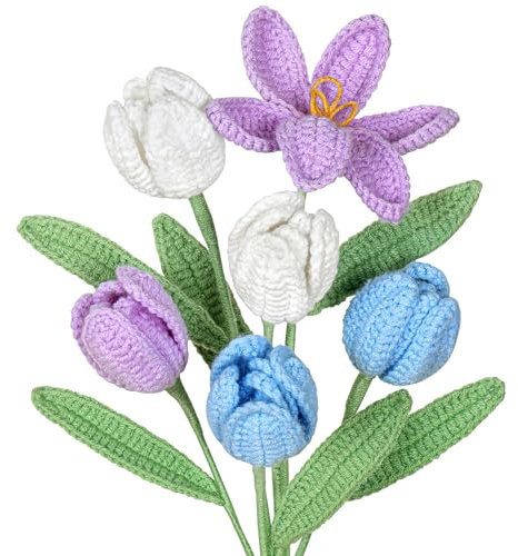 UXORSN 6 Piezas Ramo de Tulipanes de Ganchillo Hecho a Mano Flores Artificiales Multicolor Acabado de Ganchillo Regalo a Granel para Madre Hogar Cumpleaños Boda Oficina Jarrón Mesa Decoración