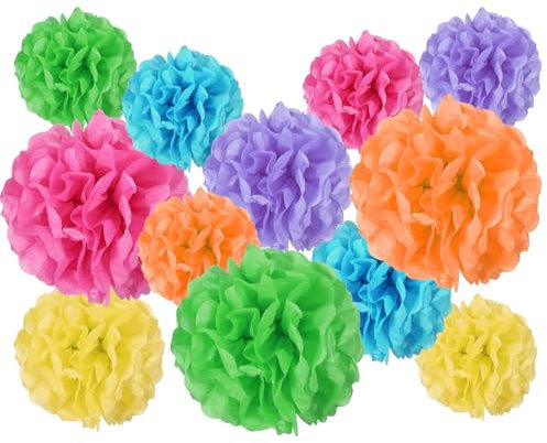 12 Stück Seidenpapier Pompons, Pompons Deko, Papierblumen Deko für Hochzeit, Geburtstag, Babyparty, Abschlussball, Gartenparty Dekor(Verschiedene Größen, Mehrfarbig)