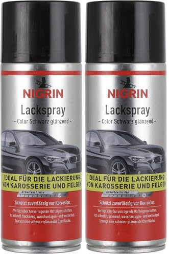NIGRIN Lackspray, 400 ml, schwarz glänzender Autolack, schützt Felgen und Karosserie vor Rost, schnell trocknend (Packung mit 2)