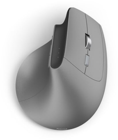 Hama vertikale Maus für Rechtshänder, Bluetooth/Funk (Multi Device, ergonomische Maus ohne Klickgeräusch, Datenverschlüsselung, RGB, 8 Tasten, 1000/1600/2400 DPI, mit Akku, KI Assistent) grau