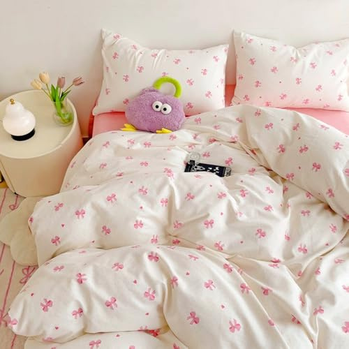 Covebett Bettwäsche Baumwolle 135x200 Mädchen Weiß mit Rosa Schleifen Herz Kawaii Bettbezug Set Aesthetic Rosa Herzen Schleifenmuster Deckenbezug mit Reißverschluss und Kissenbezug 80x80cm