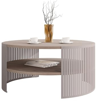 Mirjan24 Couchtisch Fahugin, runde Form (Cremona Cannolo/Cashmere) | Kaffeetisch mit praktischem Ablageboden, Ø 75 cm, stabilem Metallgestell und pflegeleichter Tischplatte