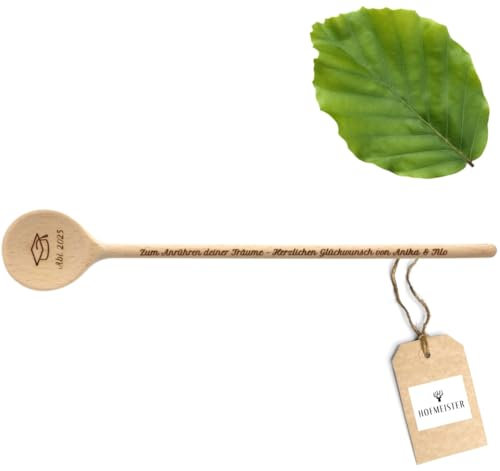 HOFMEISTER® Cuillère de cuisine personnalisée pour Abi 2025 - Cuillère mélangeuse avec gravure chapeau de docteur en bois de hêtre - Idée cadeau pour l'obtention d'un diplôme de diplôme - 30 cm