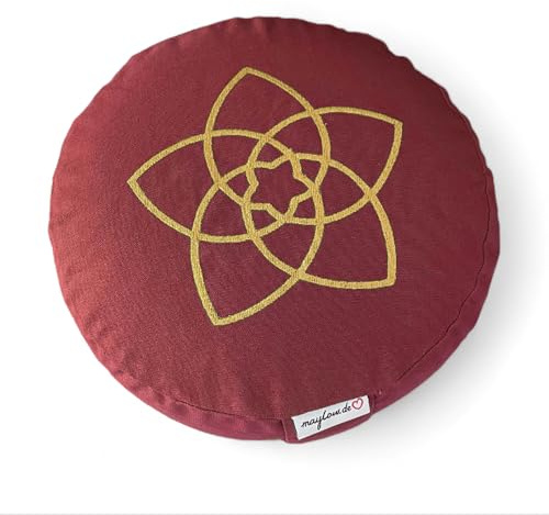 maylow Yoga mit Herz® Meditationskissen „Blume der Liebe“ Ø33 cm H15 cm – Bestickt – waschbarer Baumwollbezug – Innenkissen mit Buchweizenschalen – personalisierbar – Achtsamkeit (buddhistisch rot)