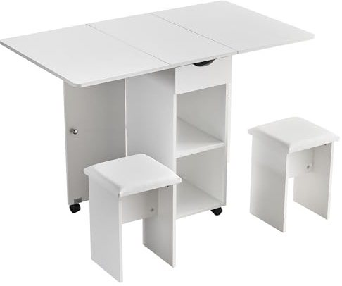 EROMMY Essgruppen120x70x76cm, klappbarer Klapptisch mit 2 Lederstühlen,Ablageflächen und Schubladen und 6 feststellbaren Rädern für kompakte Küchen Esszimmer
