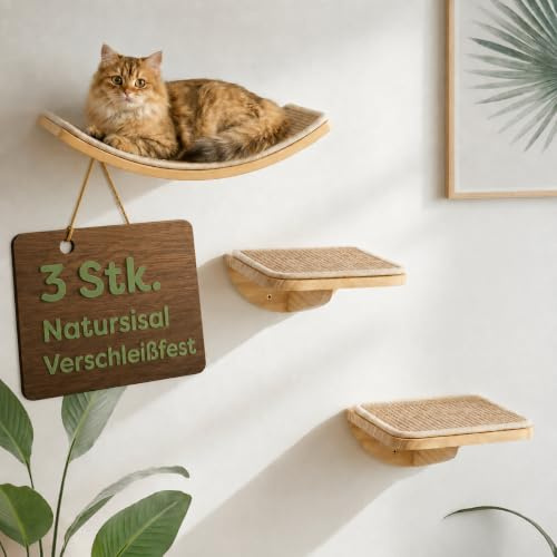 PELUOMOZ Katzen Wandmöbel Set 3-teilig, Holz Plattformen mit Sisal | Katzen Wandmöbel, gebogene Liegefläche und Kletterstufen, gelbes Sisal, stabile Holzkonstruktion, belastbar bis 15kg