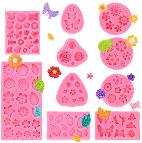 JNEYVIC 10 Stück Silikonform Blume Kerzen Silikonformen Blumen Formen Fondant 10 Stile Backformen Rose Schmetterling Blätter Kleine Gießformen für Pralinen Fudge Kuchen Kekse Schokolade Marzipan