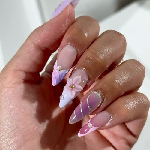 24-Piece 3D Press-On Fake Nails, Almond Tips, Lavender Pink And Mauve | Glossy Full-Cover Finish, Pearl-Like Accents, Raised Flowers, French-Style Details, For Weddings, Parties And Everyday Wear