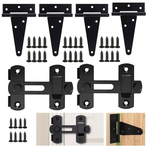 Lot de 6 Charnières en T Noires, 4 Pouces Charniere Porte Lourde, Charnière Porte Placard, Charnière de Porte en Bois Métallique, Avec 30 Vis pour Portes de Hangar, Portes de Jardin, Porte en Bois