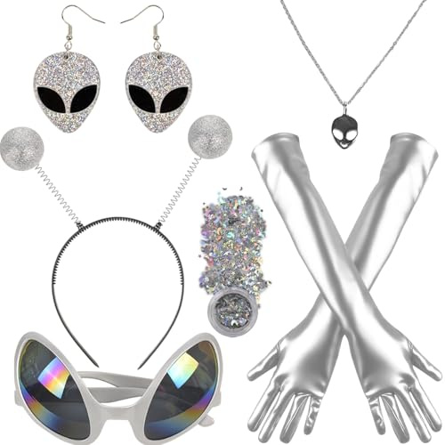 Nerien Alien Kostüm Set für Damen - 7 Stück Weltraum Alienkostüm Erwachsene, Frauen Ausserirdische Kostume mit Haarreif Alienbrille Ohrringe Handschuhe Halskette Glitzer