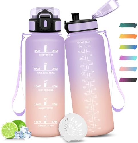 Mulbijeo Borraccia Acqua 1.5L, Borraccia Motivazionale con Cannuccia, A Prova di Perdita, Bottiglia Acqua per Scuola, Palestra, Campeggio, Ciclismo, Yoga