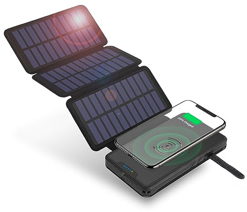 Power Bank, Solare 20000mAh Impermeabile Pieghevole per Esterni Wireless 3 Pezzi Pannelli Solari, Nero