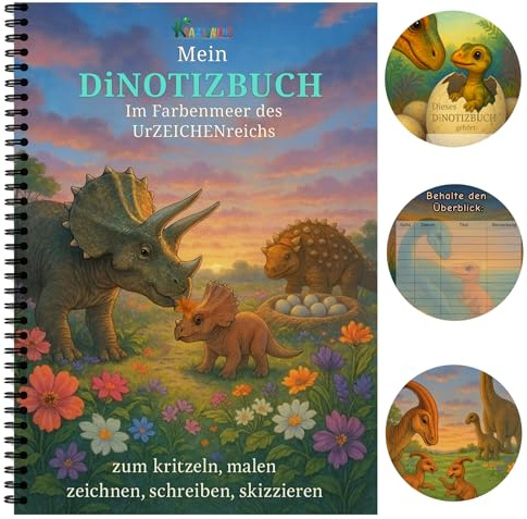 Krakelsaurus Skizzenbuch Dinosaurier A4 für Kinder – mit Inhaltsverzeichnis – Zeichenblock mit Spiralbindung, Malblock mit 70 Blatt weißem 120 g/m² Papier für Kinder ab 4 Jahre