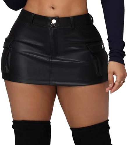 Zebaexf Women Sexy Leather Shorts High Waist Y2K Mini Skorts with Pockets Bodycon Stretchy Short Skirt Black Small