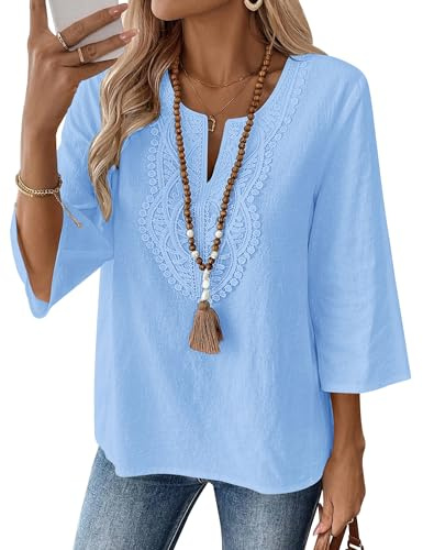 Rapbin Womens Tops 3/4 Sleeve Spring Summer Cotton Linen Casual Blouses