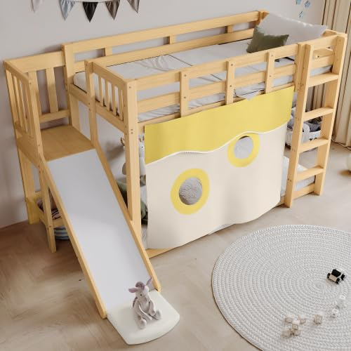 dowowdo Natürliches Kinder-Etagenbett mit Rutsche & Treppe – Holzbett in Naturfarbe mit Bettvorhang, Rutschbahn und Sicherheitsgittern – Spielbett 90x200, Kiefernholz