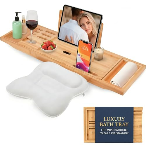 Pukalia Bandeja para Bañera con Almohada Ergonómica - Kit SPA en Casa de Bambú - Soporte Extensible y Plegable para Tablet, Libro y Copa - Madera Natural 100% y Accesorios Lujo